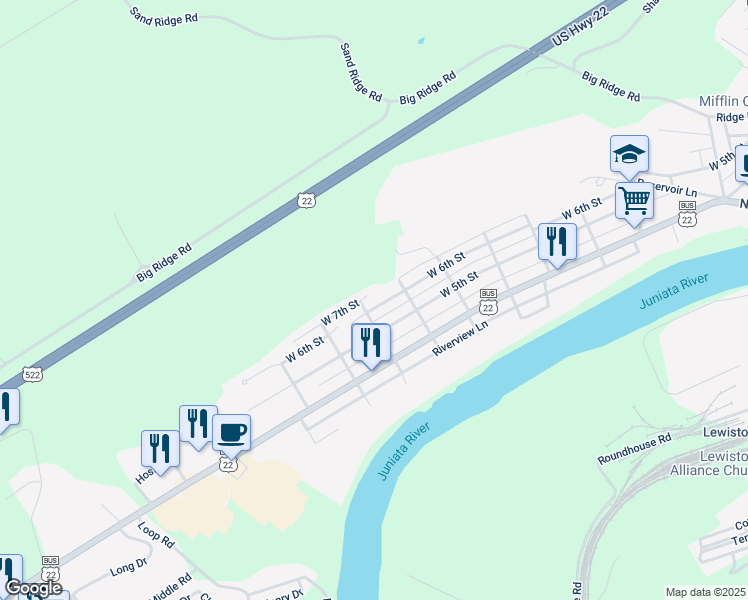 map of restaurants, bars, coffee shops, grocery stores, and more near 921 West 6th Street in Lewistown