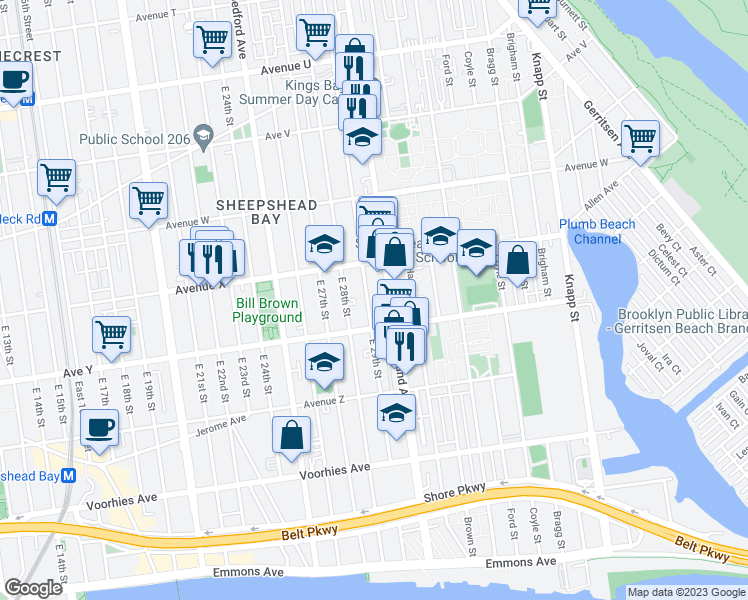 map of restaurants, bars, coffee shops, grocery stores, and more near 3716 Nostrand Avenue in Brooklyn