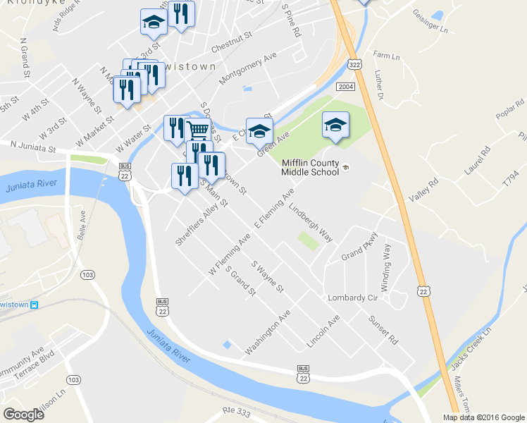 map of restaurants, bars, coffee shops, grocery stores, and more near 444 South Brown Street in Lewistown
