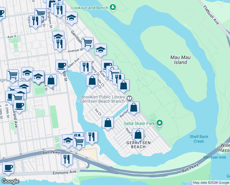 map of restaurants, bars, coffee shops, grocery stores, and more near 26 Aster Court in Brooklyn