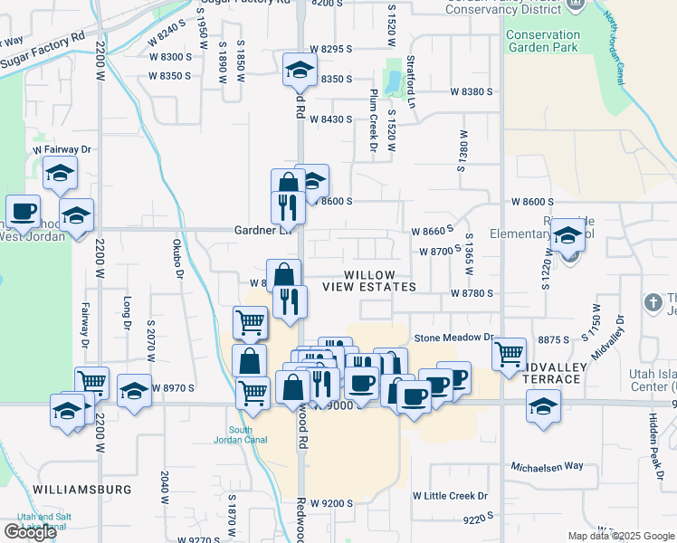 map of restaurants, bars, coffee shops, grocery stores, and more near 1622 West 8740 South in West Jordan