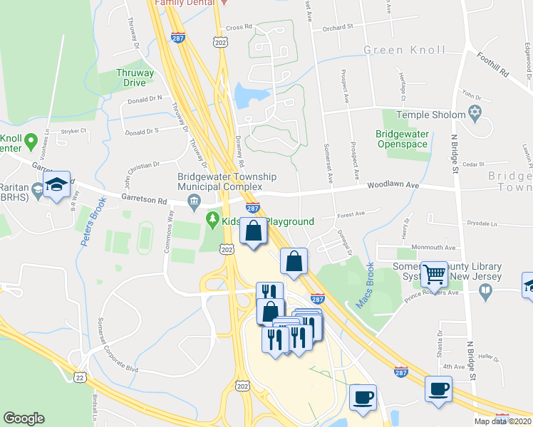 map of restaurants, bars, coffee shops, grocery stores, and more near 125 Woodlawn Avenue in Bridgewater Township
