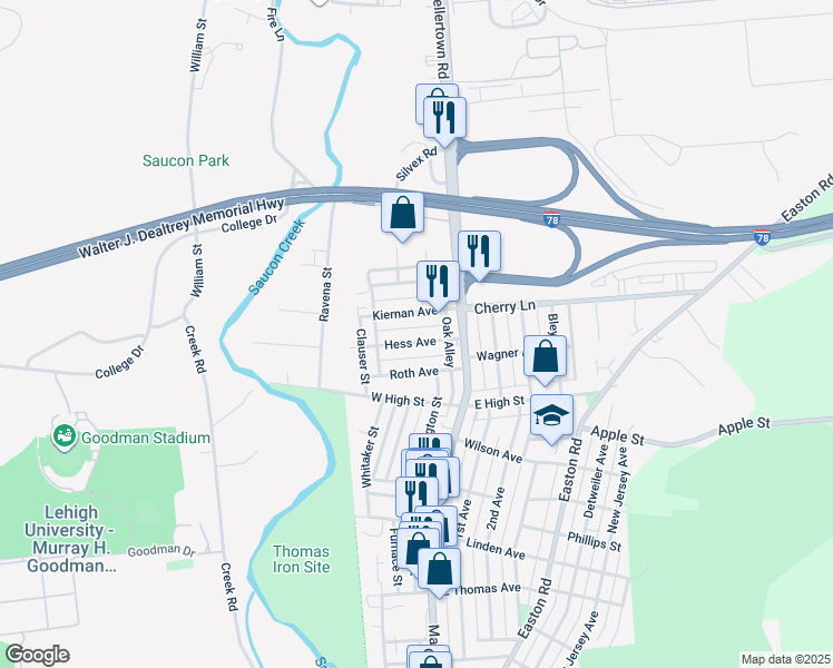 map of restaurants, bars, coffee shops, grocery stores, and more near 43 Hess Avenue in Hellertown