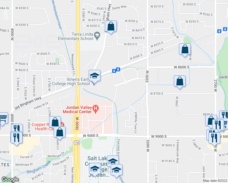 map of restaurants, bars, coffee shops, grocery stores, and more near 8756 3400 West in West Jordan