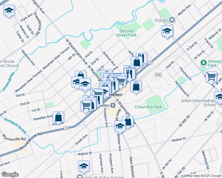 map of restaurants, bars, coffee shops, grocery stores, and more near 243 Front Street in Dunellen