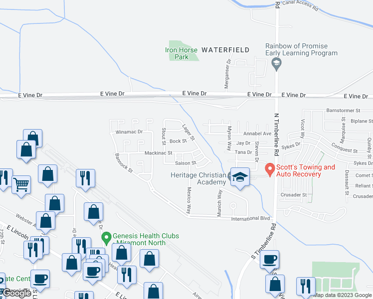 map of restaurants, bars, coffee shops, grocery stores, and more near 2202 Mackinac Street in Fort Collins