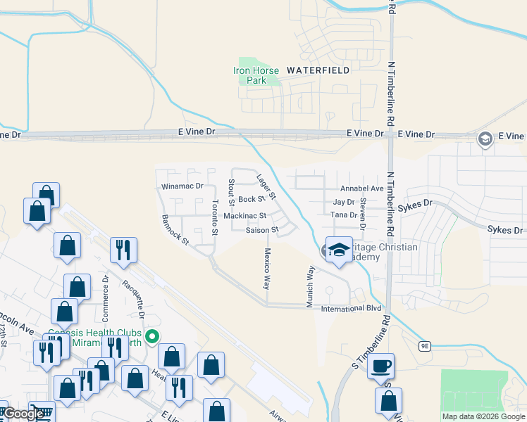 map of restaurants, bars, coffee shops, grocery stores, and more near 2145 Bock Street in Fort Collins