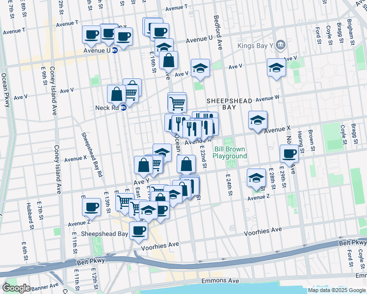 map of restaurants, bars, coffee shops, grocery stores, and more near 2813 Ocean Avenue in Brooklyn