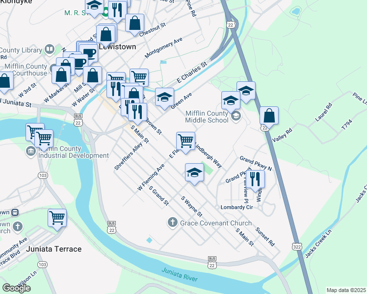 map of restaurants, bars, coffee shops, grocery stores, and more near 118 East Fleming Avenue in Lewistown