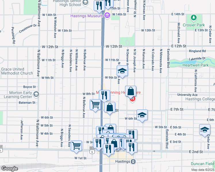 map of restaurants, bars, coffee shops, grocery stores, and more near 823 North Lincoln Avenue in Hastings