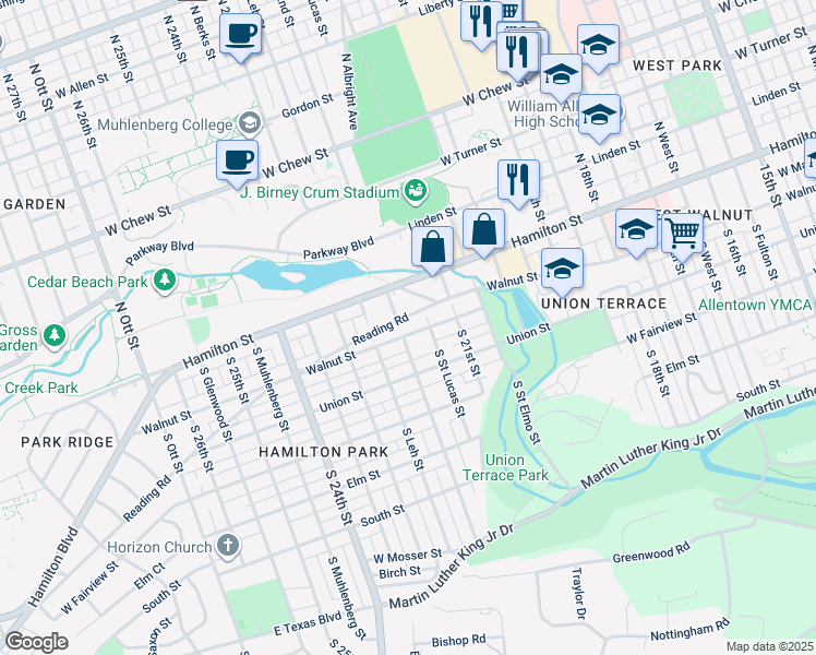map of restaurants, bars, coffee shops, grocery stores, and more near 2147 Walnut Street in Allentown