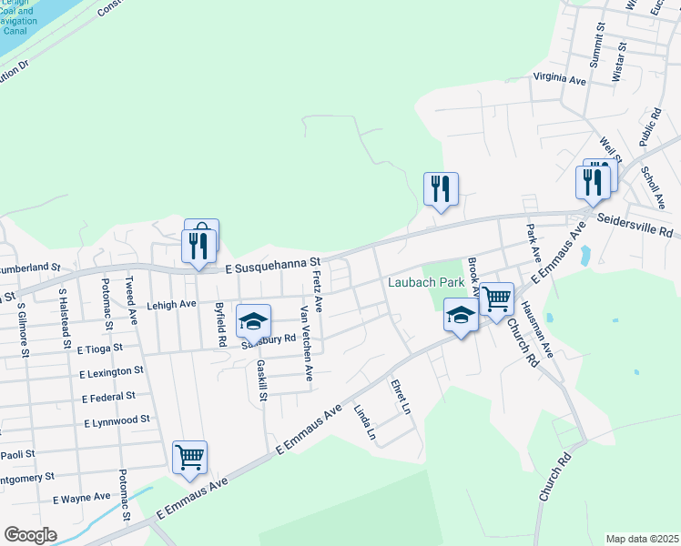 map of restaurants, bars, coffee shops, grocery stores, and more near 1414 East Susquehanna Street in Allentown