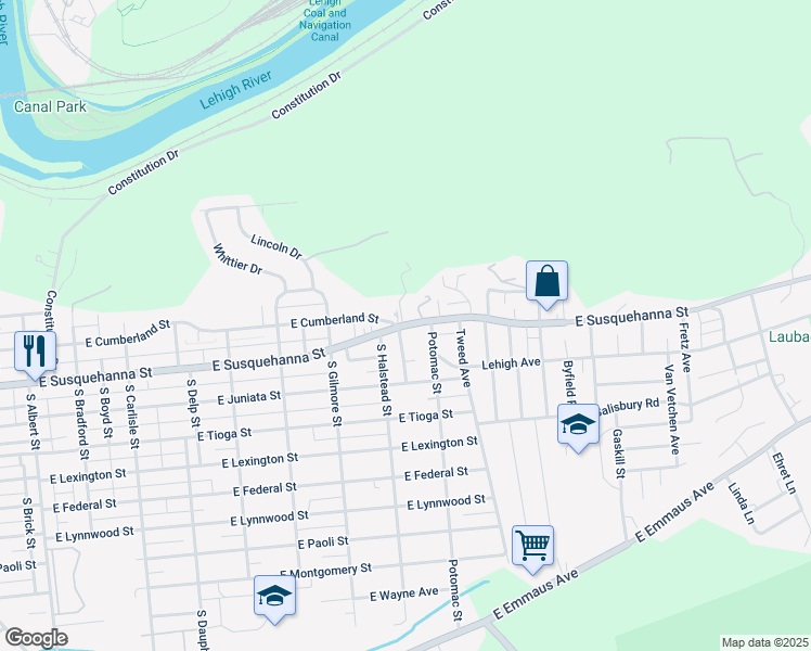 map of restaurants, bars, coffee shops, grocery stores, and more near 953 East Cumberland Street in Allentown