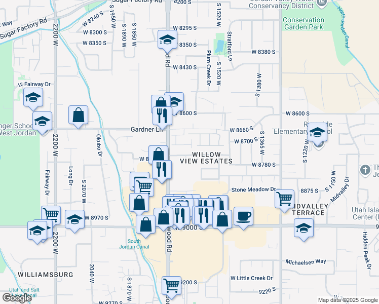 map of restaurants, bars, coffee shops, grocery stores, and more near 1622 West 8740 South in West Jordan