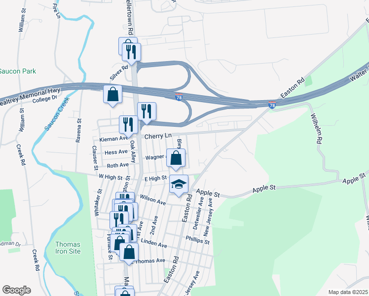 map of restaurants, bars, coffee shops, grocery stores, and more near 1633 Zimpfer Lane in Hellertown