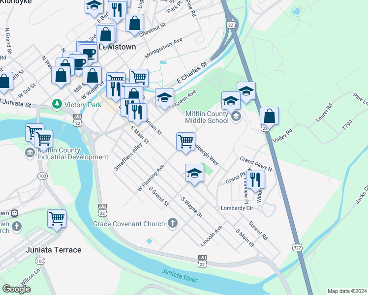 map of restaurants, bars, coffee shops, grocery stores, and more near 118 East Fleming Avenue in Lewistown