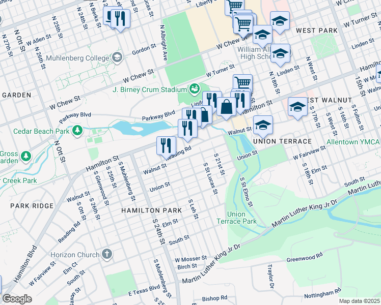 map of restaurants, bars, coffee shops, grocery stores, and more near 2147 Walnut Street in Allentown