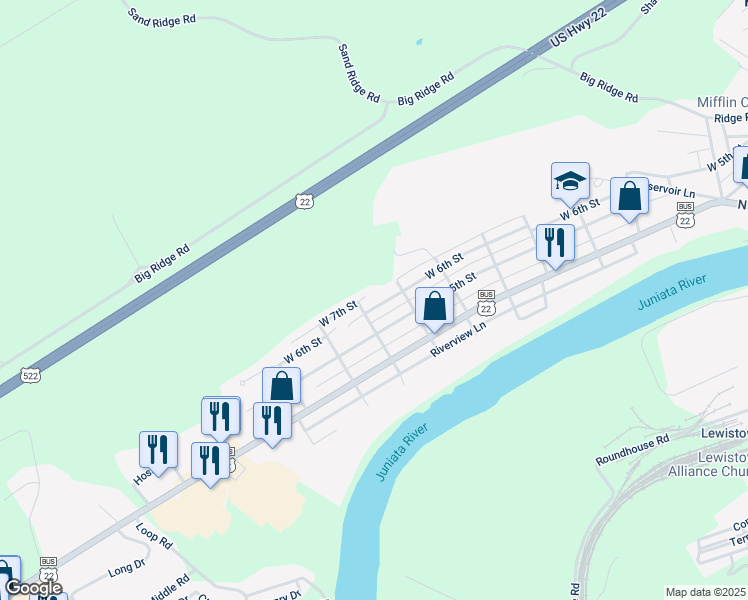 map of restaurants, bars, coffee shops, grocery stores, and more near 919 West 6th Street in Lewistown