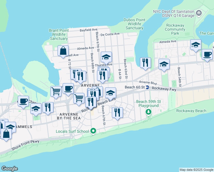 map of restaurants, bars, coffee shops, grocery stores, and more near 66-19 Beach Channel Drive in Queens