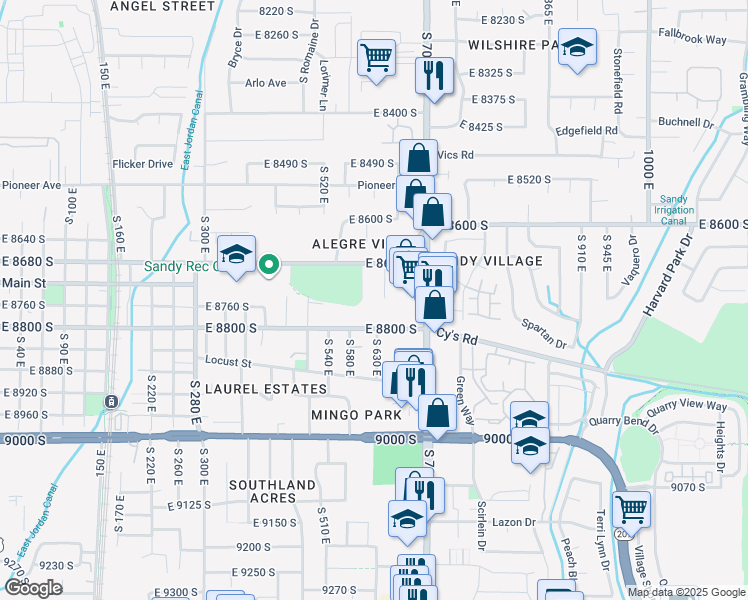 map of restaurants, bars, coffee shops, grocery stores, and more near 8732 South 620 East in Sandy