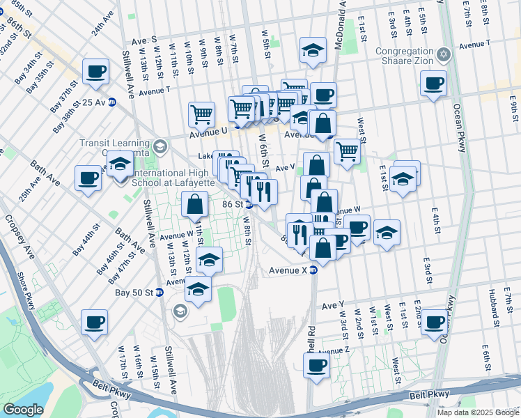 map of restaurants, bars, coffee shops, grocery stores, and more near 2273 West 7th Street in Brooklyn