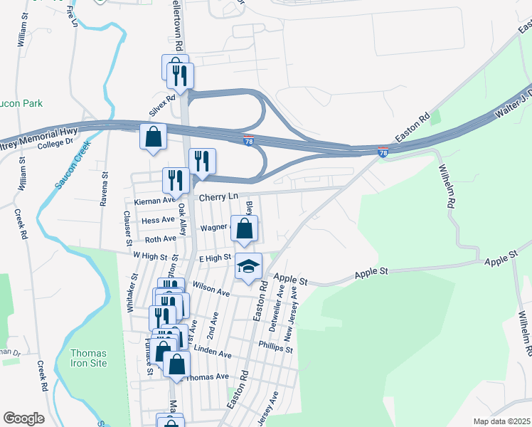 map of restaurants, bars, coffee shops, grocery stores, and more near 1617 Zimpfer Lane in Hellertown