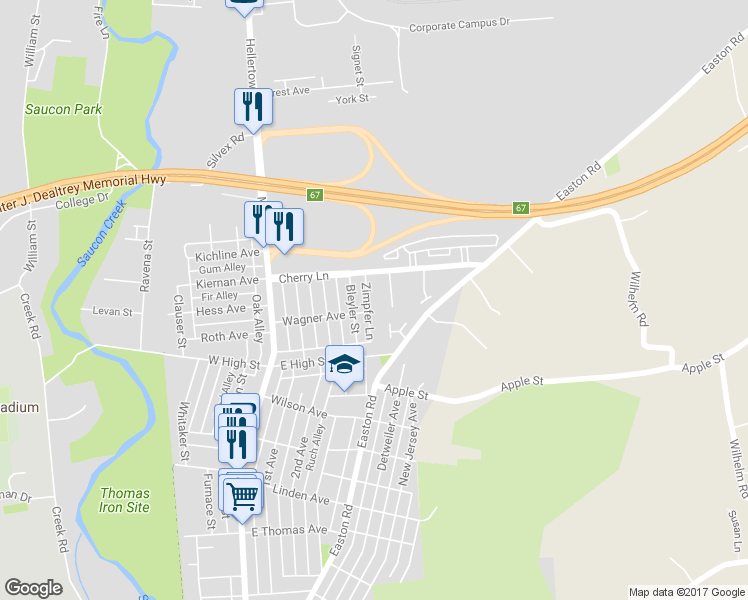 map of restaurants, bars, coffee shops, grocery stores, and more near 1617 Zimpfer Lane in Hellertown