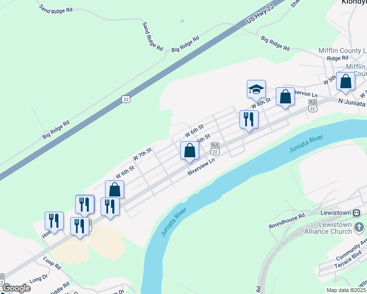 map of restaurants, bars, coffee shops, grocery stores, and more near 821 West 5th Street in Lewistown