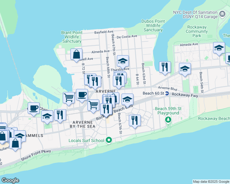 map of restaurants, bars, coffee shops, grocery stores, and more near 67-18 Beach Channel Drive in Queens