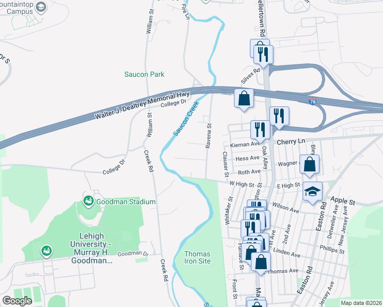 map of restaurants, bars, coffee shops, grocery stores, and more near 1719 Lavan Street in Bethlehem