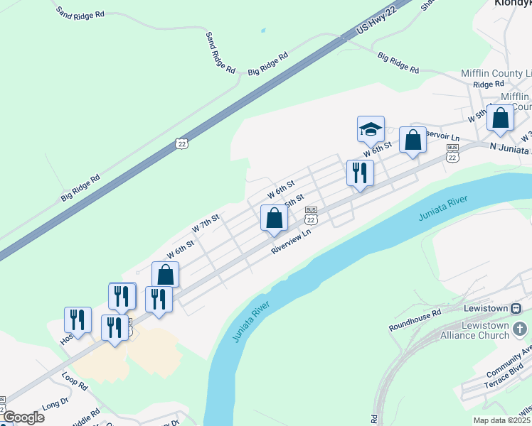 map of restaurants, bars, coffee shops, grocery stores, and more near 821 West 5th Street in Lewistown