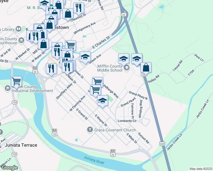 map of restaurants, bars, coffee shops, grocery stores, and more near 521 Lindbergh Way in Lewistown