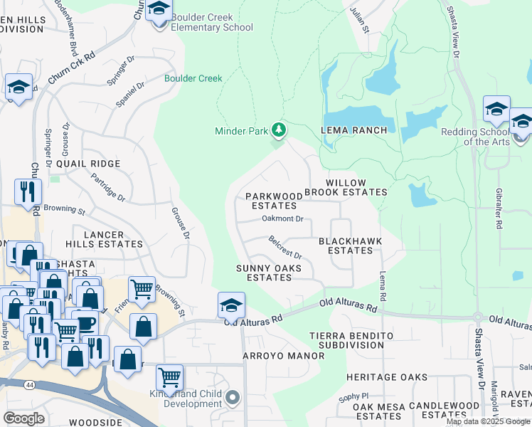 map of restaurants, bars, coffee shops, grocery stores, and more near 888 Oakmont Drive in Redding
