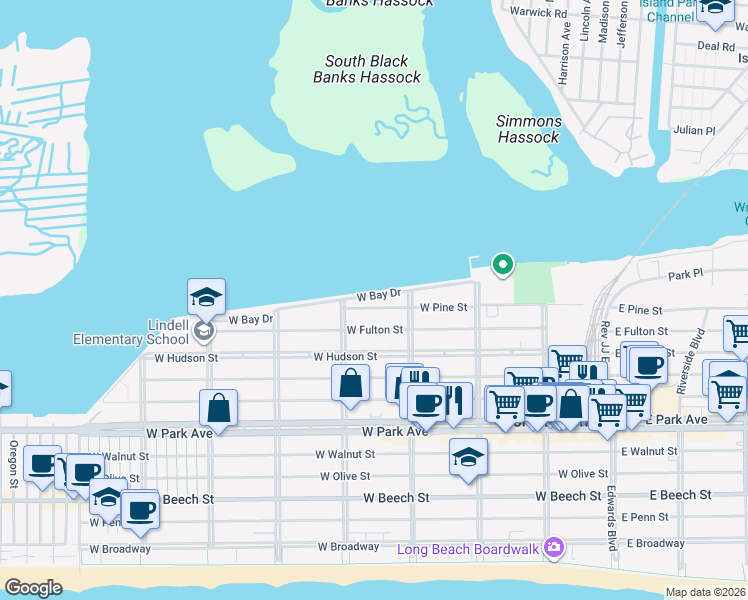 map of restaurants, bars, coffee shops, grocery stores, and more near 345 West Bay Drive in Long Beach