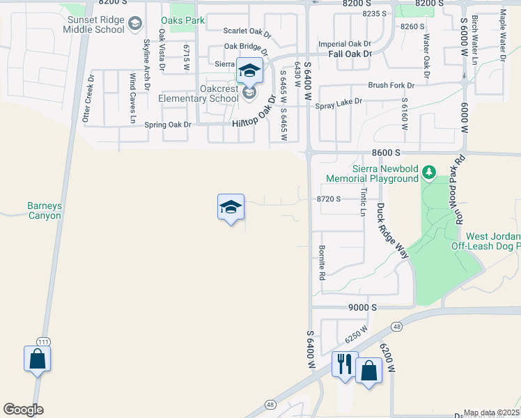 map of restaurants, bars, coffee shops, grocery stores, and more near 6527 W Barneys Creek Wy in West Jordan