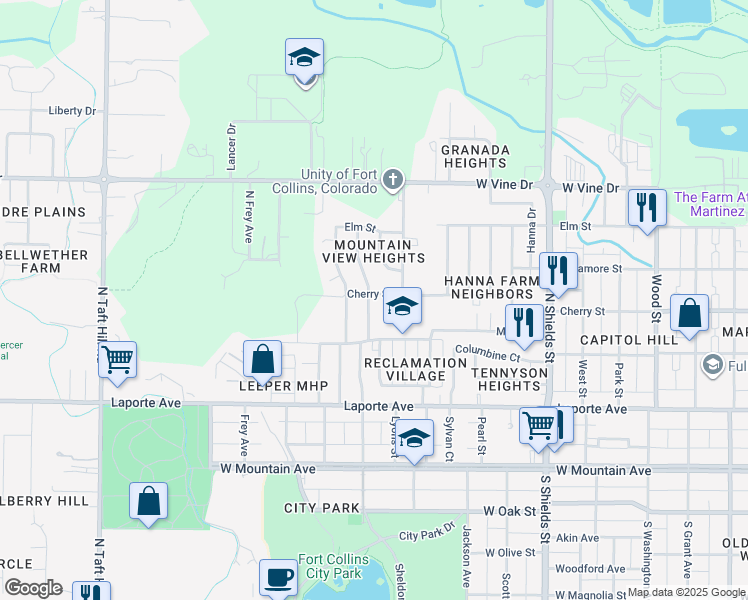map of restaurants, bars, coffee shops, grocery stores, and more near 401 North Roosevelt Avenue in Fort Collins