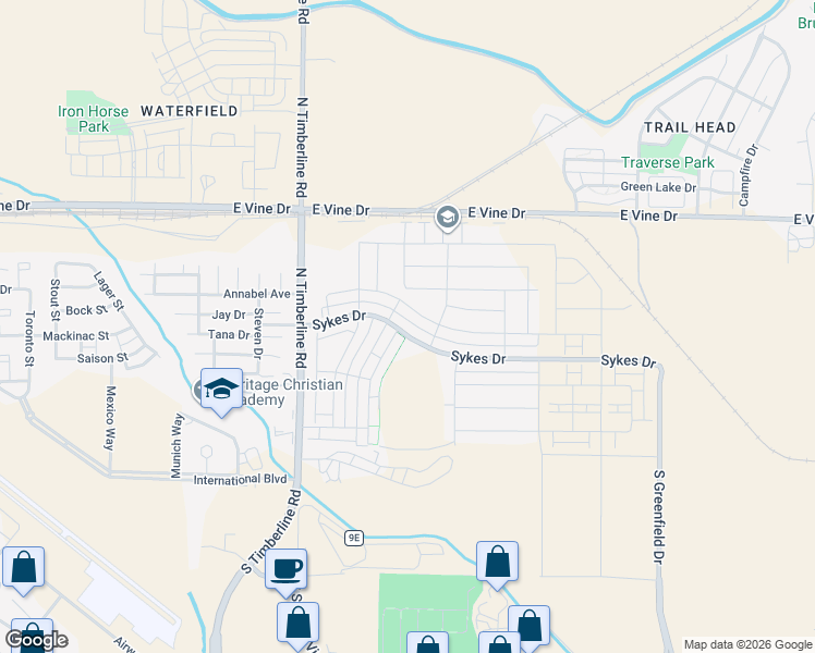 map of restaurants, bars, coffee shops, grocery stores, and more near 2803 Conquest Street in Fort Collins