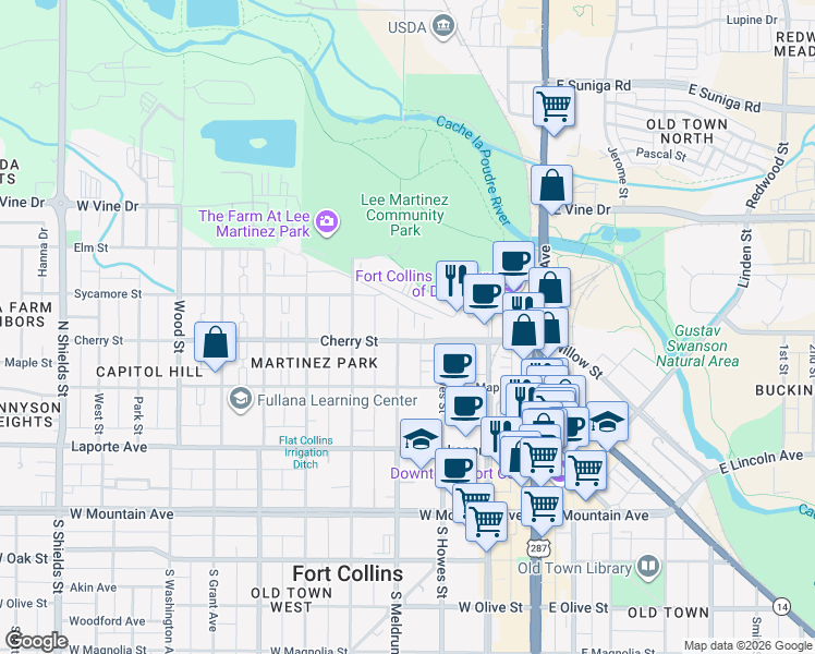map of restaurants, bars, coffee shops, grocery stores, and more near 420 North Meldrum Street in Fort Collins