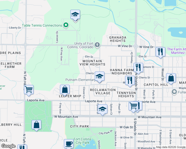 map of restaurants, bars, coffee shops, grocery stores, and more near 401 North Roosevelt Avenue in Fort Collins