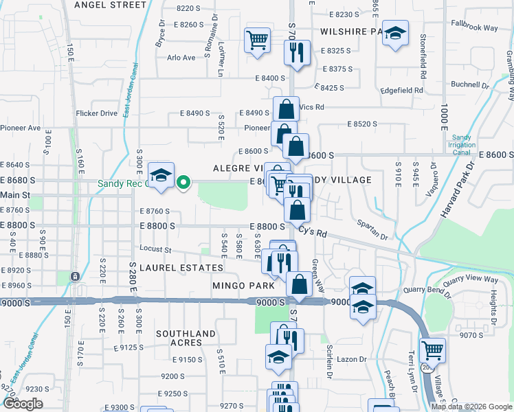 map of restaurants, bars, coffee shops, grocery stores, and more near 612 East 8680 South in Sandy