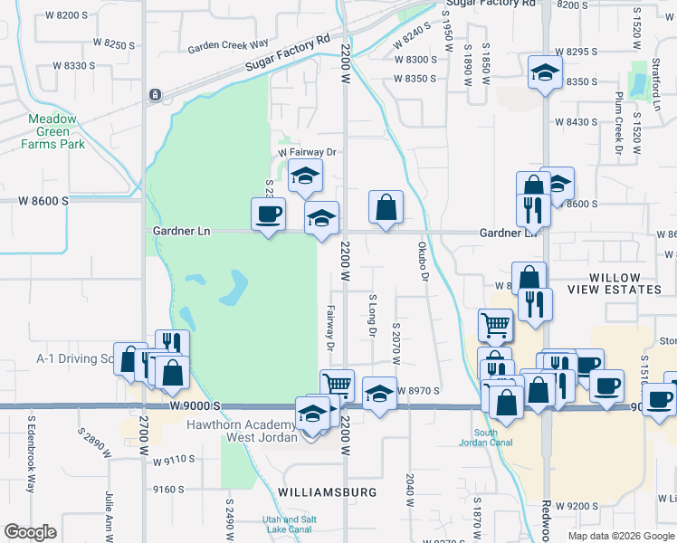 map of restaurants, bars, coffee shops, grocery stores, and more near 2184 Eagle Court in West Jordan