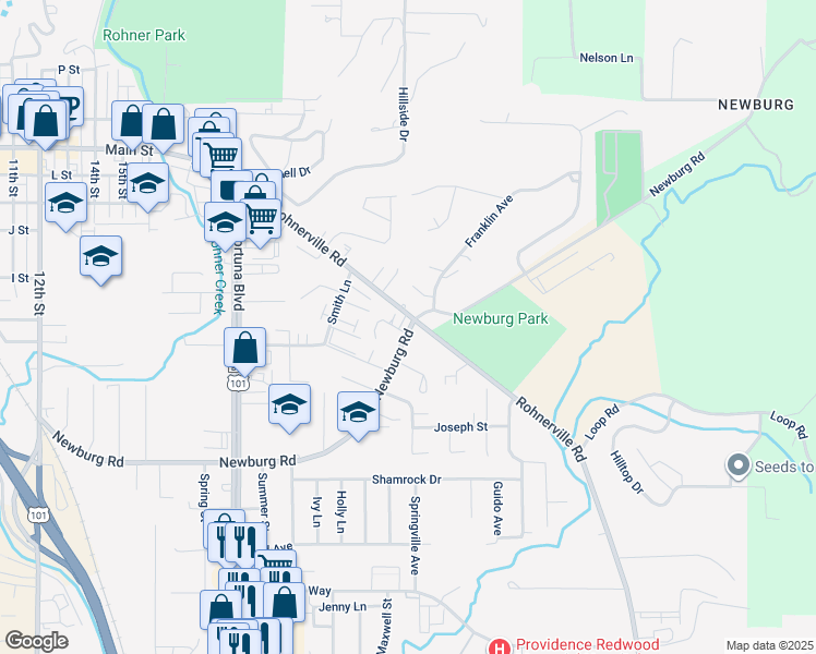 map of restaurants, bars, coffee shops, grocery stores, and more near 2571 South Main Street in Fortuna