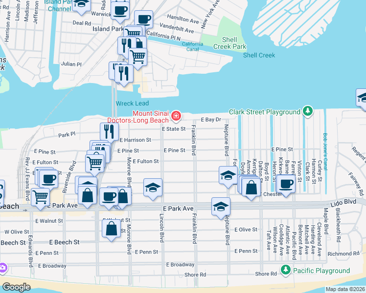 map of restaurants, bars, coffee shops, grocery stores, and more near 474 East Harrison Street in Long Beach