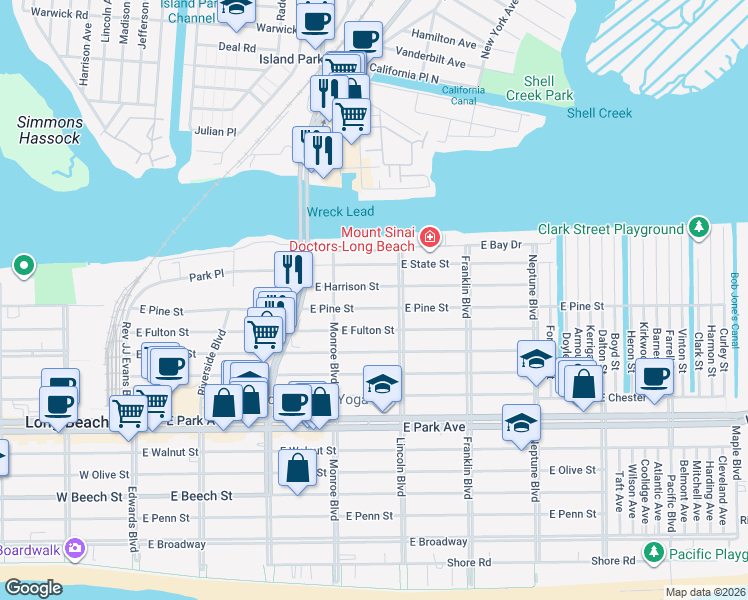 map of restaurants, bars, coffee shops, grocery stores, and more near 667 Lincoln Boulevard in Long Beach
