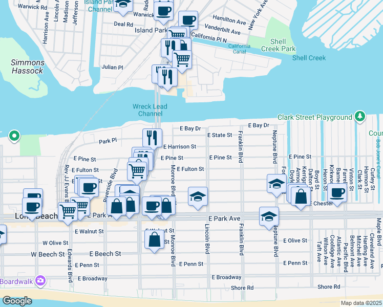 map of restaurants, bars, coffee shops, grocery stores, and more near 328 East Harrison Street in Long Beach