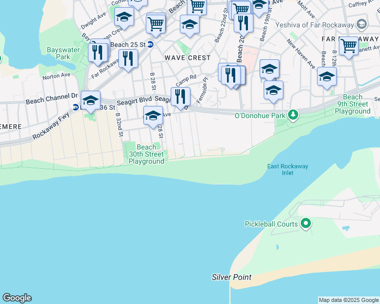 map of restaurants, bars, coffee shops, grocery stores, and more near 1-48 Beach 25th Street in Queens