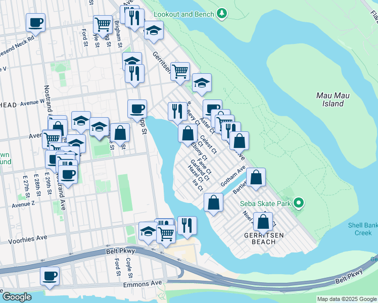 map of restaurants, bars, coffee shops, grocery stores, and more near 54 Fane Court in Brooklyn