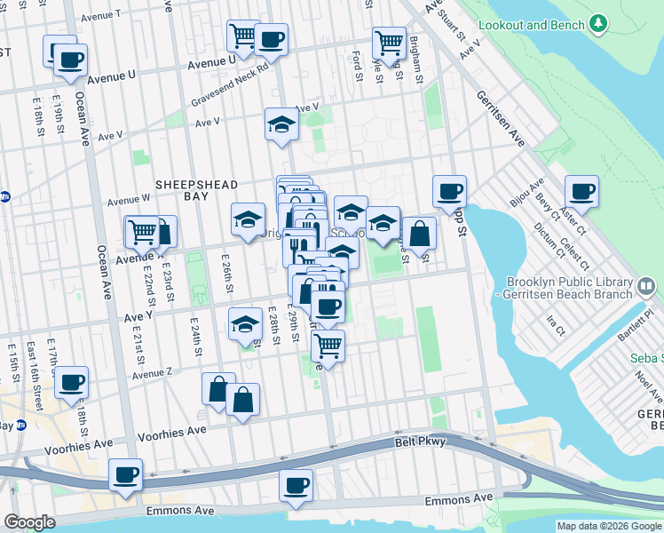 map of restaurants, bars, coffee shops, grocery stores, and more near 2435 Haring Street in Brooklyn