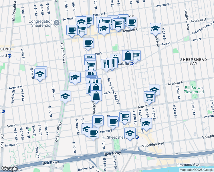 map of restaurants, bars, coffee shops, grocery stores, and more near 2335 East 12th Street in Brooklyn