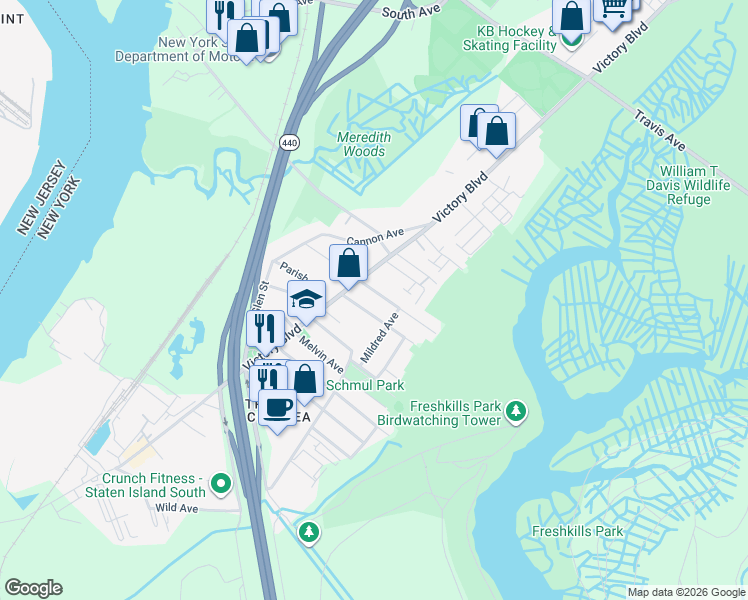 map of restaurants, bars, coffee shops, grocery stores, and more near 109 Burke Avenue in Staten Island